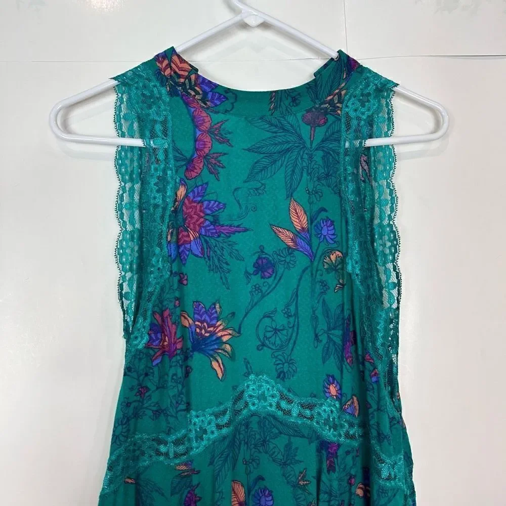 Free People Floral Oversized Mini Slip Dress Turquoise Green XS She Moves Boho